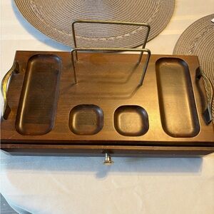 Vintage Mid Century Modern Wood Valet Box Japan Brass Handle Red Velvet Drawer